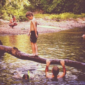 Boys swimming in river